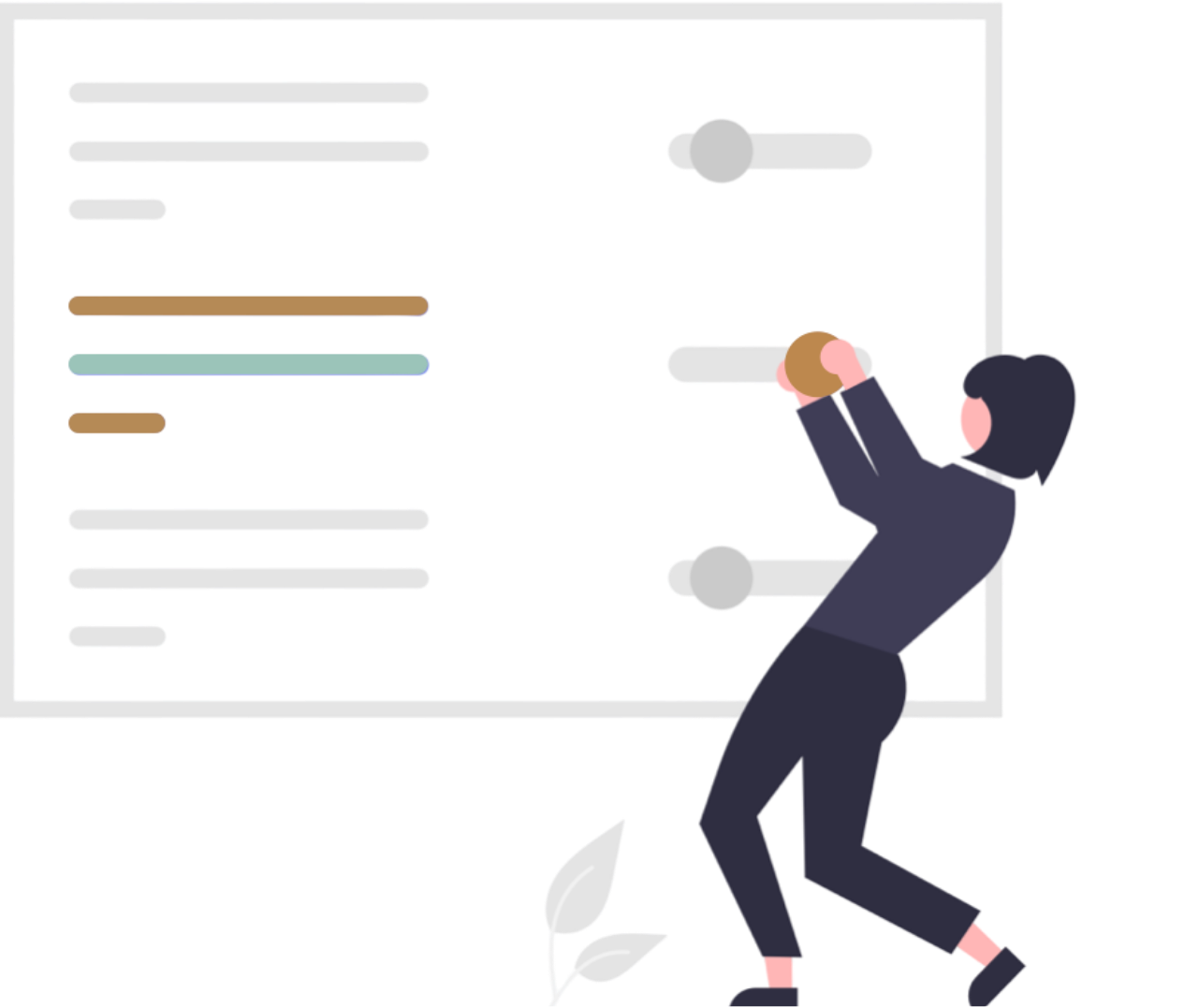Illustration of a female event manager, changing the steering elements of a board.