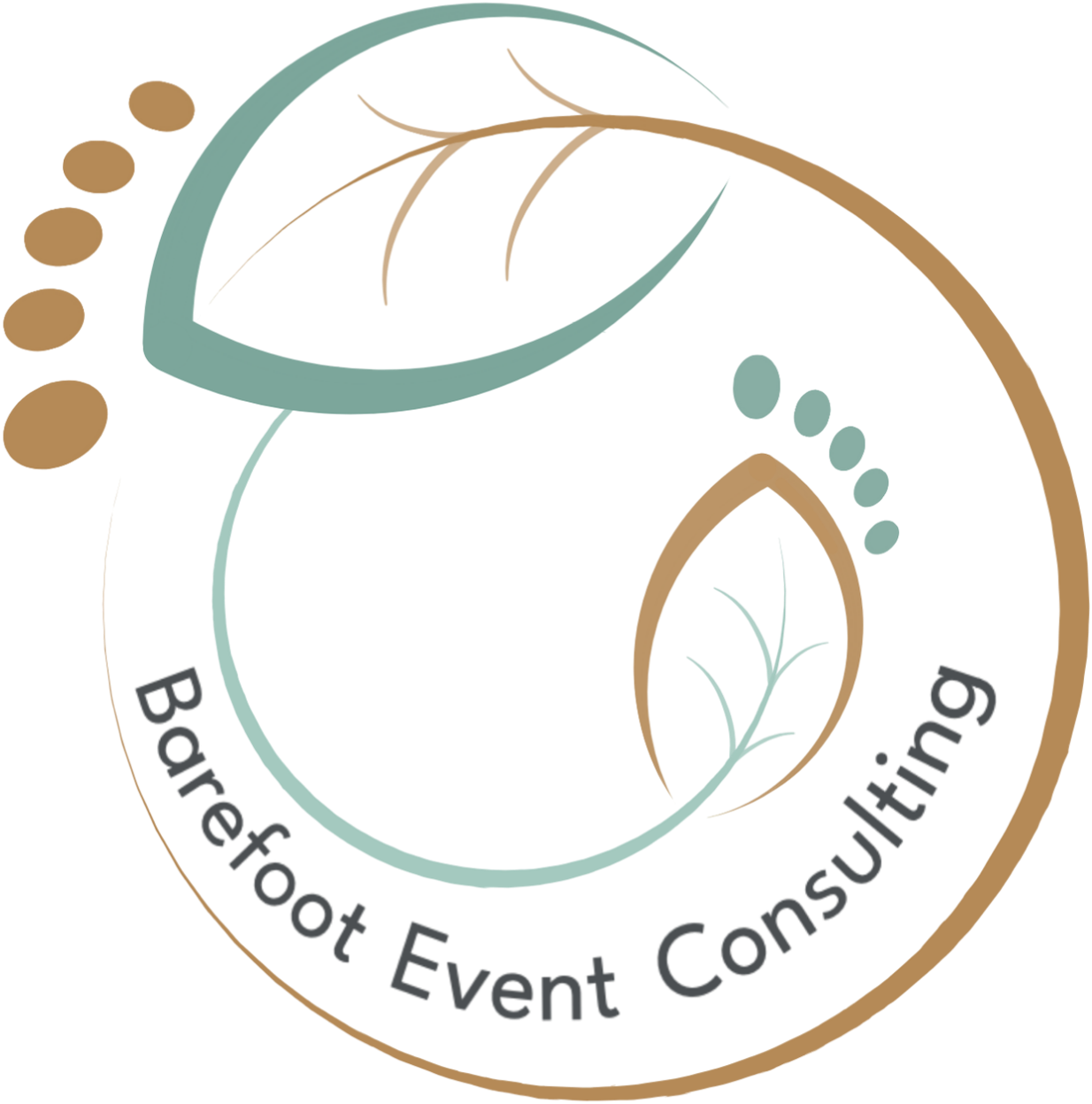 Round logo of Barefoot Event Consulting, showing an inner and outer half-circle with leaf-shaped footprints at their ends. Between two circles the lettering 'Barefoot Event Consulting' is written.