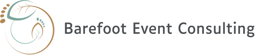 Horizontal logo of Barefoot Event Consulting, showing the lettering to the right and an inner and outer half-circle with leaf-shaped footprints at their ends.